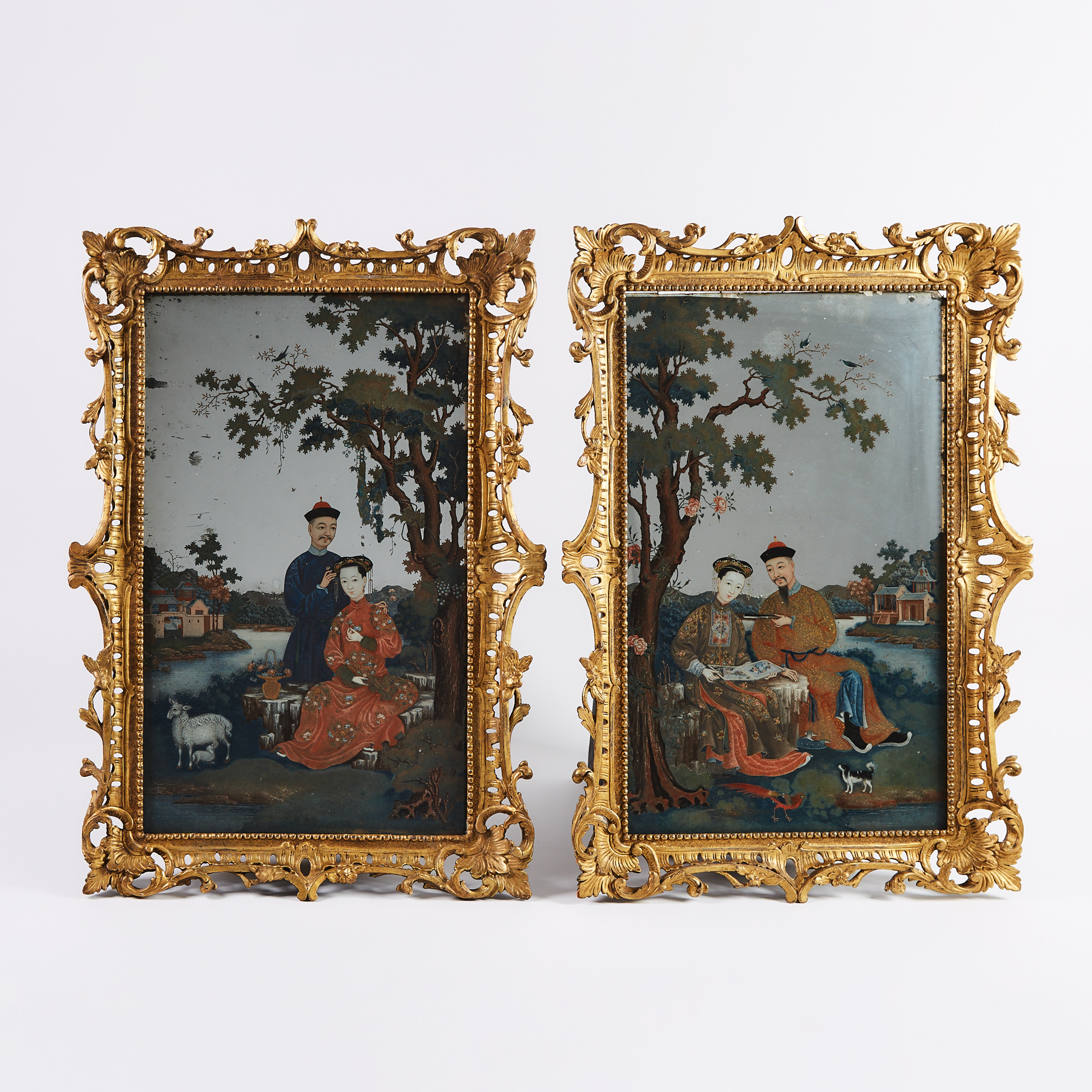 A Pair of Chinese Export Reverse Painted Mirrors, 18th Century