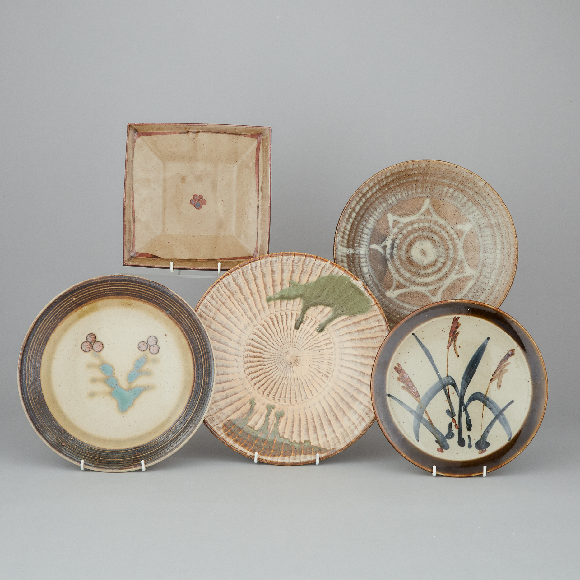 A Group of Five Assorted Mingei Pottery Plates, Circa 1960