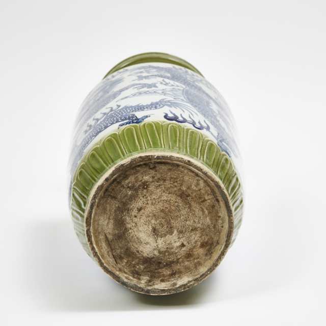 A Large Green Ground Blue and White ‘Dragon’ Vase, Kangxi Mark