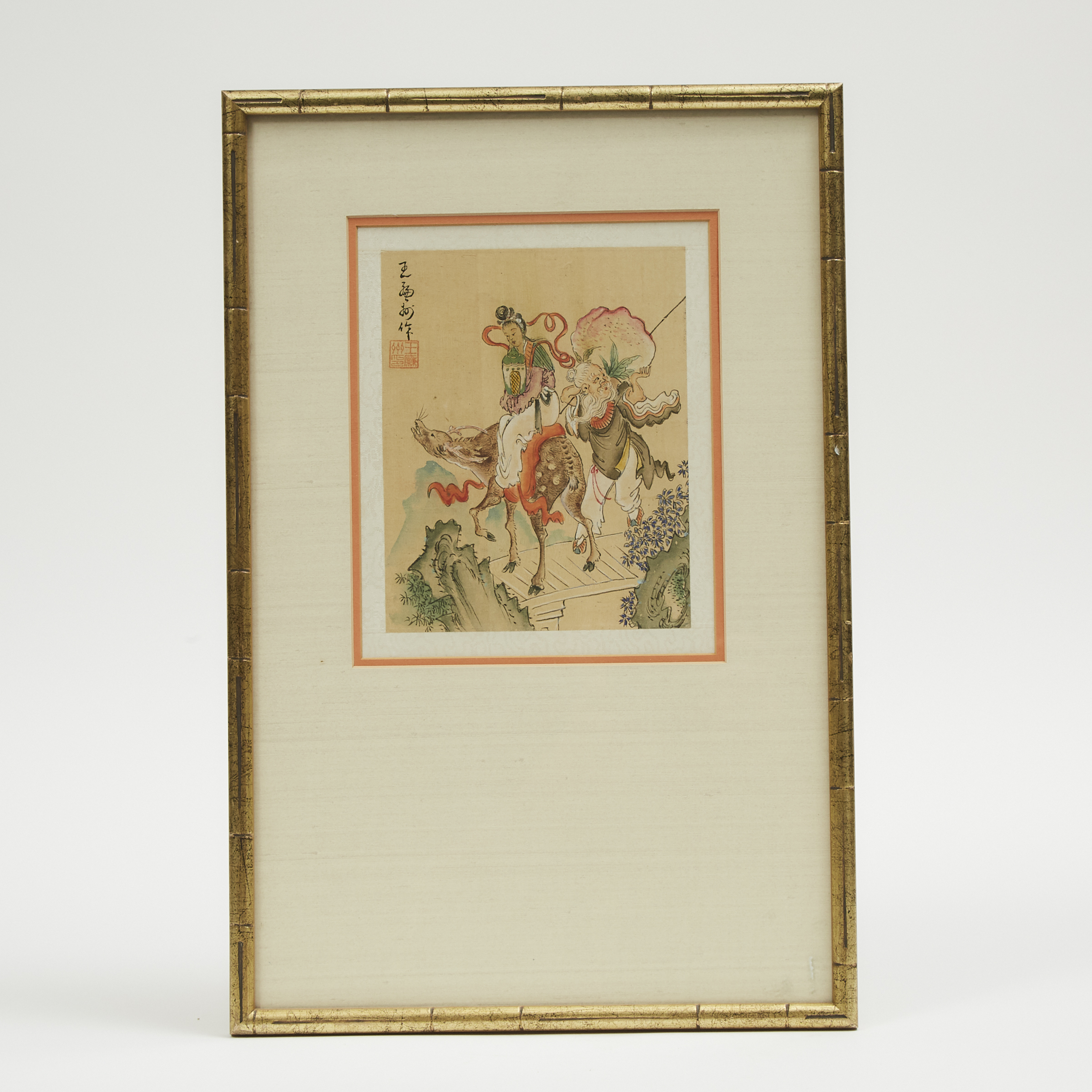 A Framed Painting on Silk of Magu and Deer