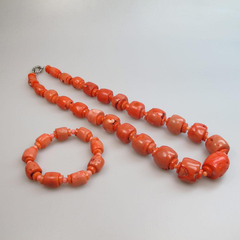 Single Graduated Strand Barrel-Shaped Coral Bead Necklace And Bracelet