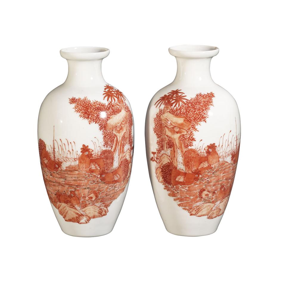 Pair of Iron Red Chicken Vases, Qianlong Mark, Republican Period