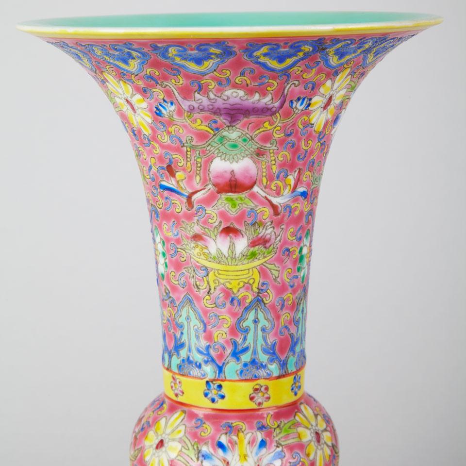 Pair of Famille Rose Gu-Form Vases, Qianlong Mark