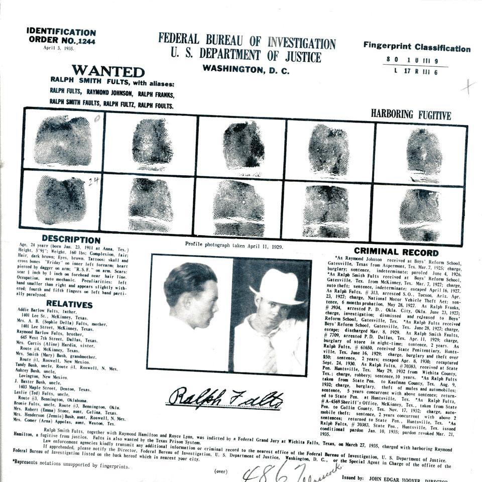 Ralph Smith Fults, Federal Bureau of Investigation, U. S. Department of Justice Wanted Post, 1935