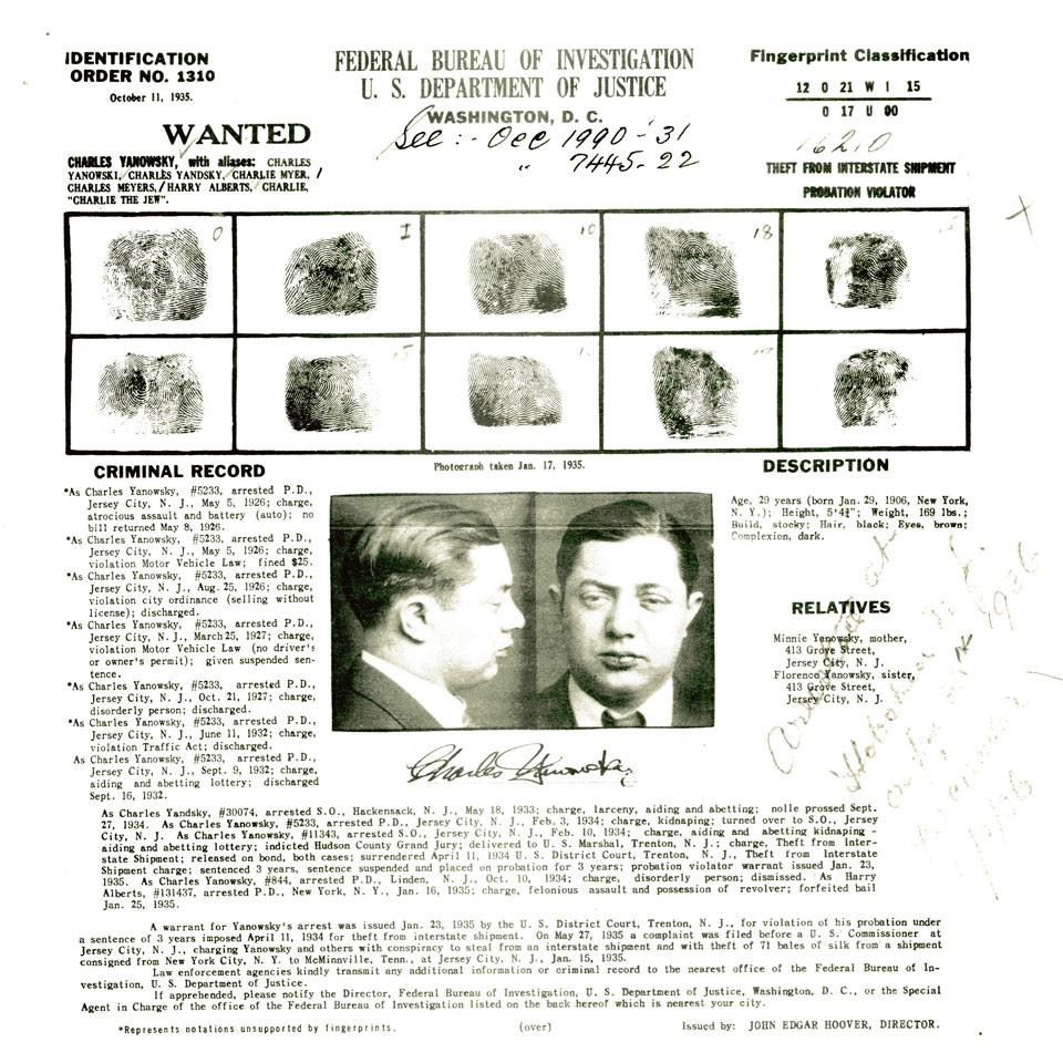 Charlie ‘The Jew’ Yanowsky, Federal Bureau of Investigation, U. S. Department of Justice Wanted Poster, 1935