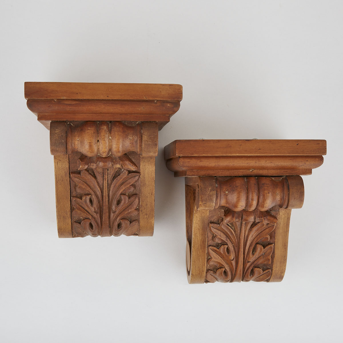 Pair of Acanthus Carved Walnut Corbel Wall Brackets, 19th and 20th Centuries