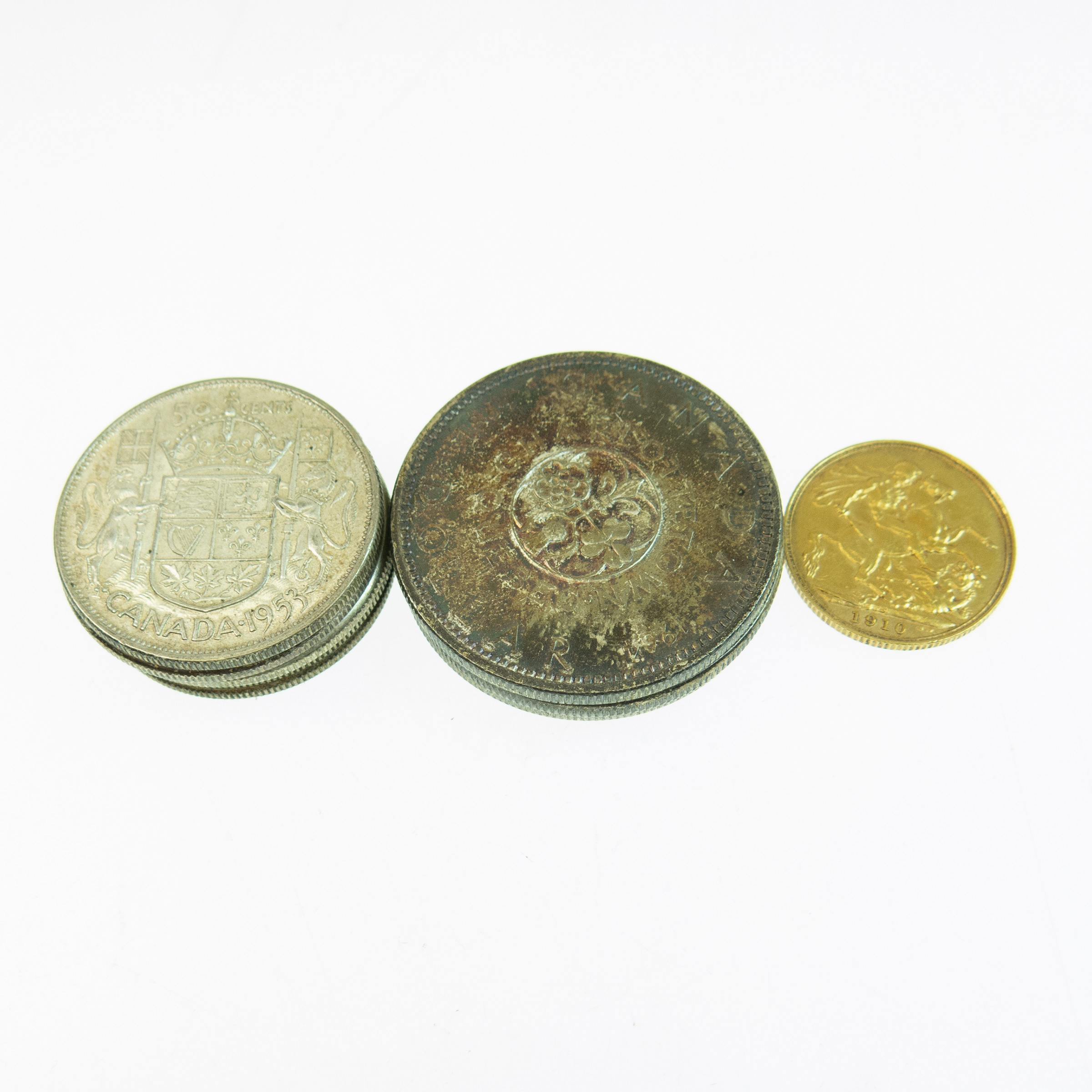 Australian Gold Sovereign And Canadian Silver Coins 3 silver dollars and 5 fifty cent coins